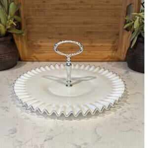 vintage Fenton milk Glass Silver Crest Serving Tray with a metal handle 12.5”